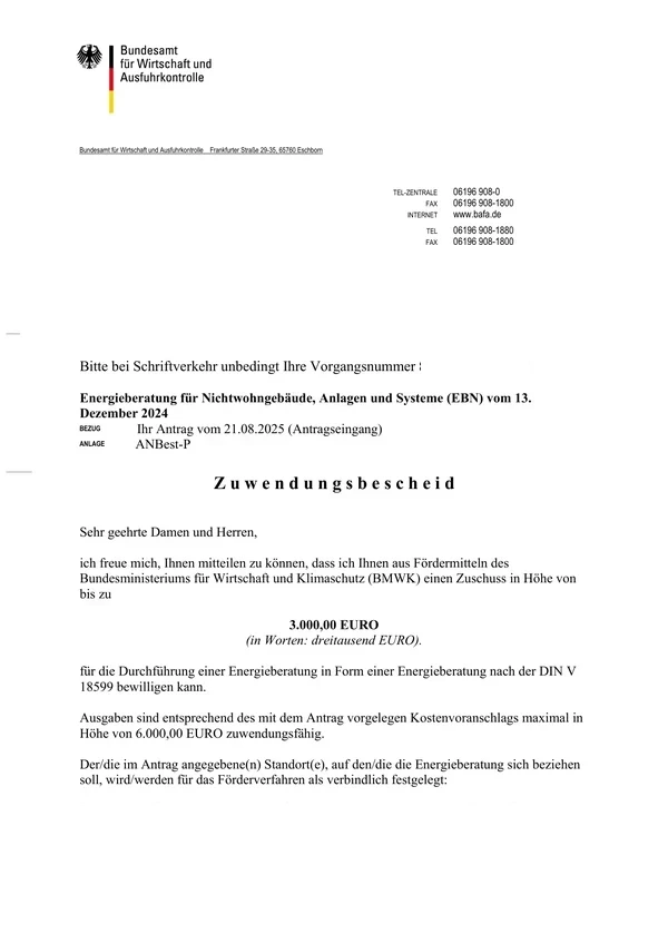 BAFA-Zuwendungsbescheid für ein KMU-Energieaudit